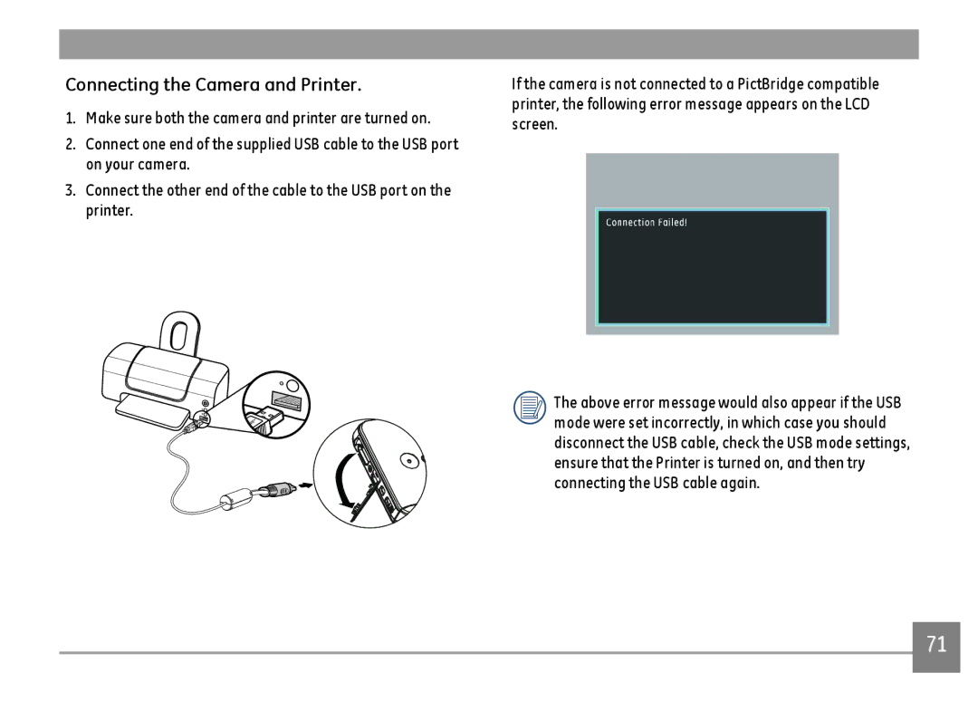 GE E1480WRD, E1480WSL, E1480W-SL, E148OW user manual Connecting the Camera and Printer 