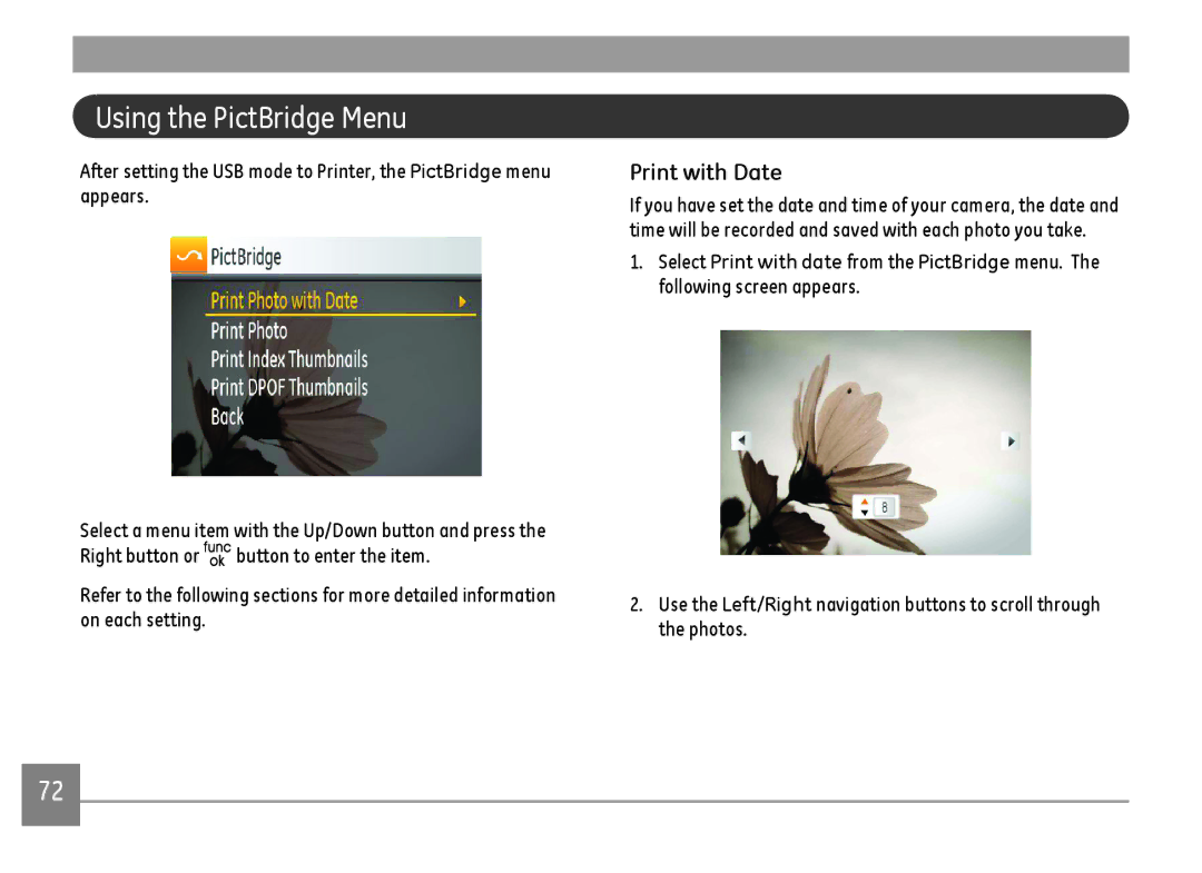 GE E148OW, E1480WSL, E1480W-SL, E1480WRD user manual Using the PictBridge Menu, Print with Date 