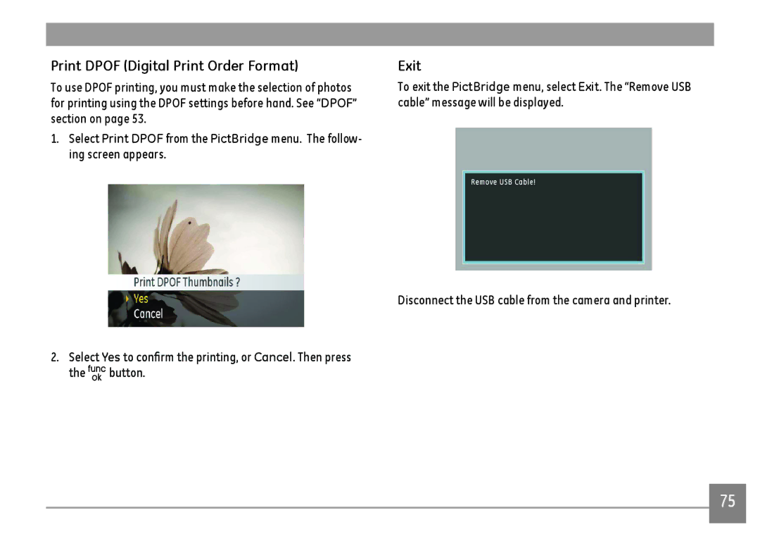 GE E1480WRD, E1480WSL, E1480W-SL, E148OW user manual Print Dpof Digital Print Order Format, Exit 