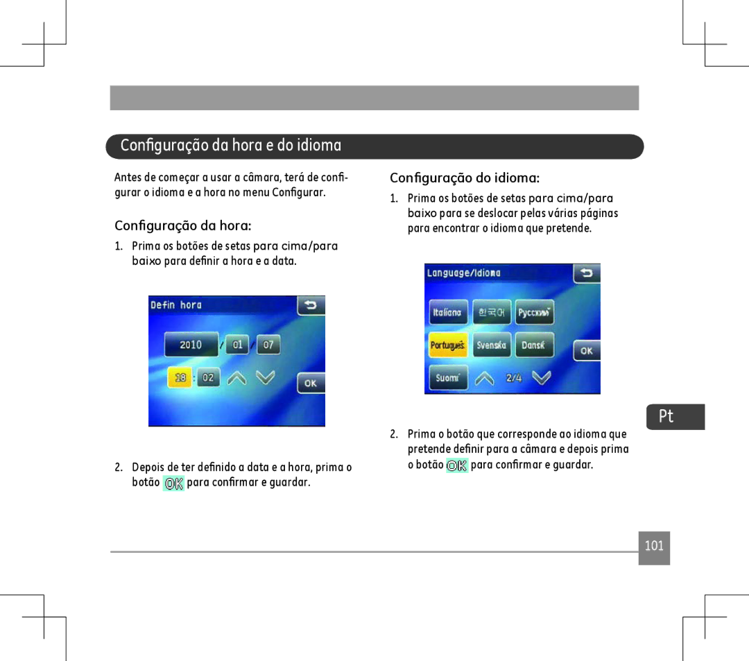 GE E1486TW user manual Configuração da hora e do idioma, Configuração do idioma, Botão para confirmar e guardar 