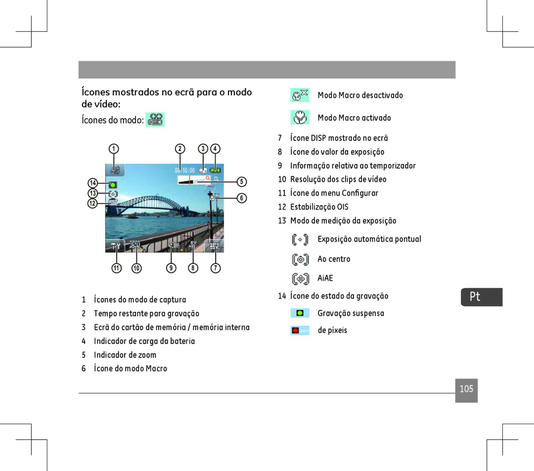 GE E1486TW user manual Ícones mostrados no ecrã para o modo de vídeo, Ícones do modo 