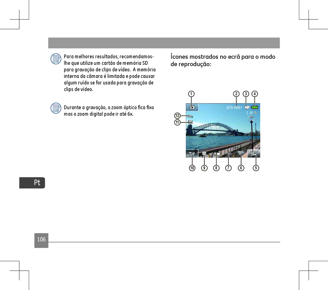 GE E1486TW user manual Ícones mostrados no ecrã para o modo de reprodução, 106 