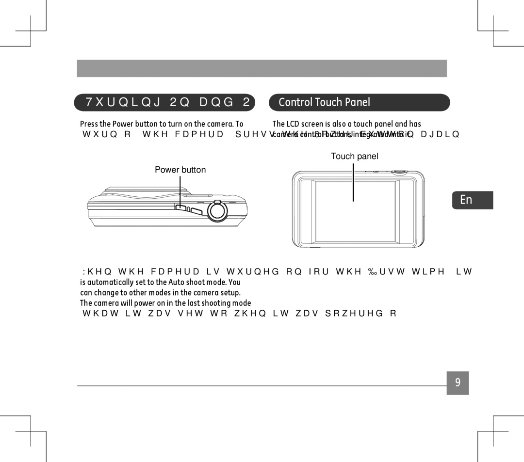 GE E1486TW user manual Turning On and Off, Control Touch Panel, Power button, Touch panel 