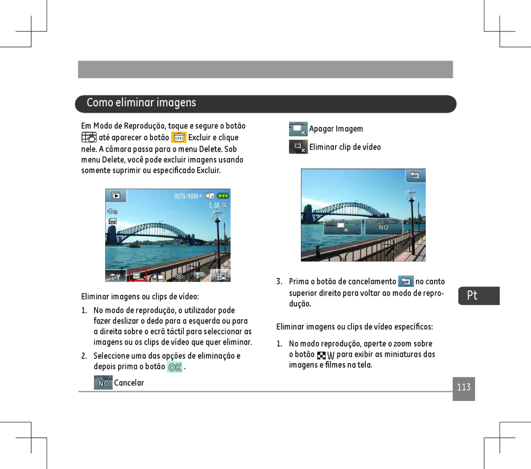 GE E1486TW user manual Como eliminar imagens, Eliminar imagens ou clips de vídeo 