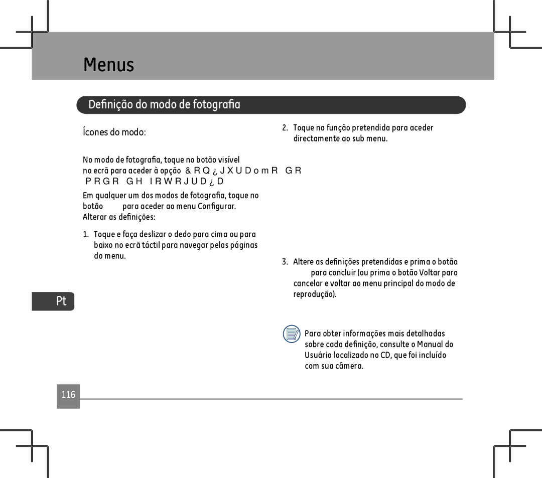 GE E1486TW user manual Menus, Definição do modo de fotografia, Cancelar e voltar ao menu principal do modo de reprodução 