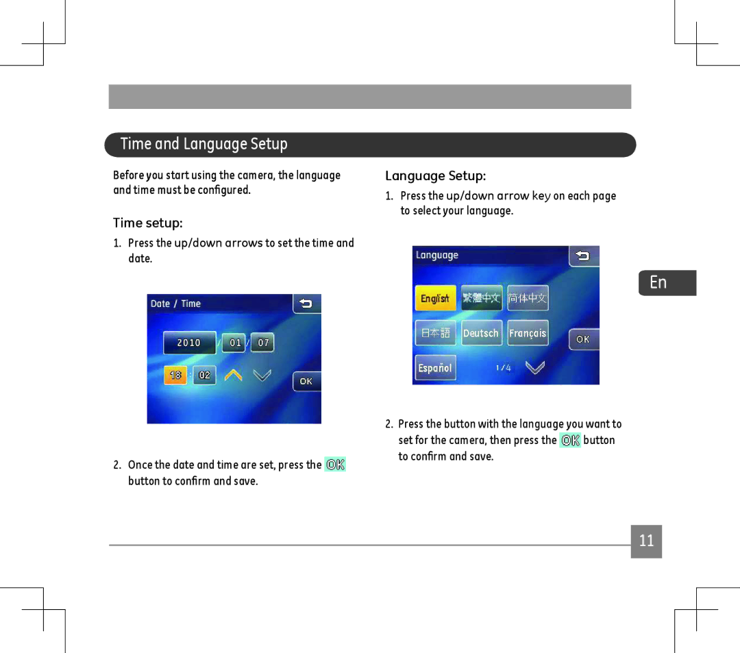 GE E1486TW user manual Time and Language Setup, Time setup 