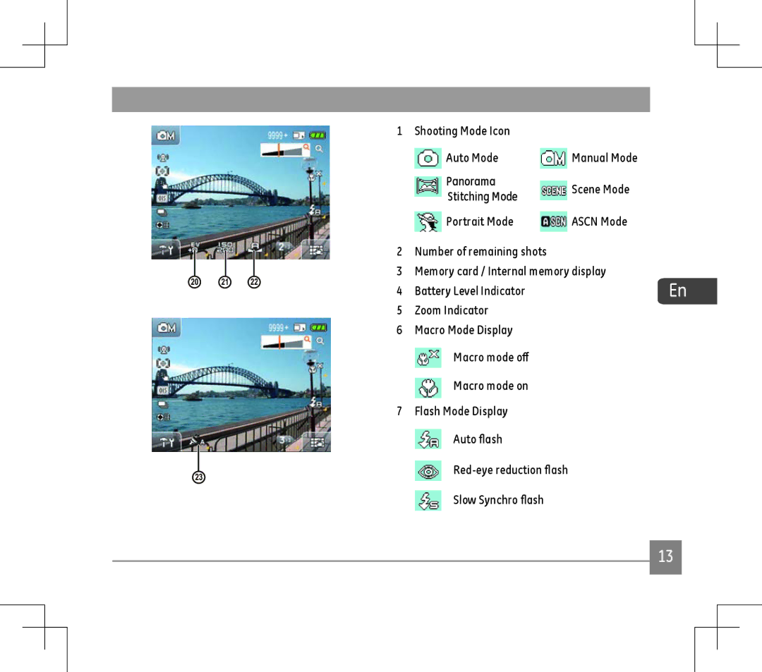 GE E1486TW user manual Shooting Mode Icon Auto Mode, Panorama, Stitching Mode, Portrait Mode 