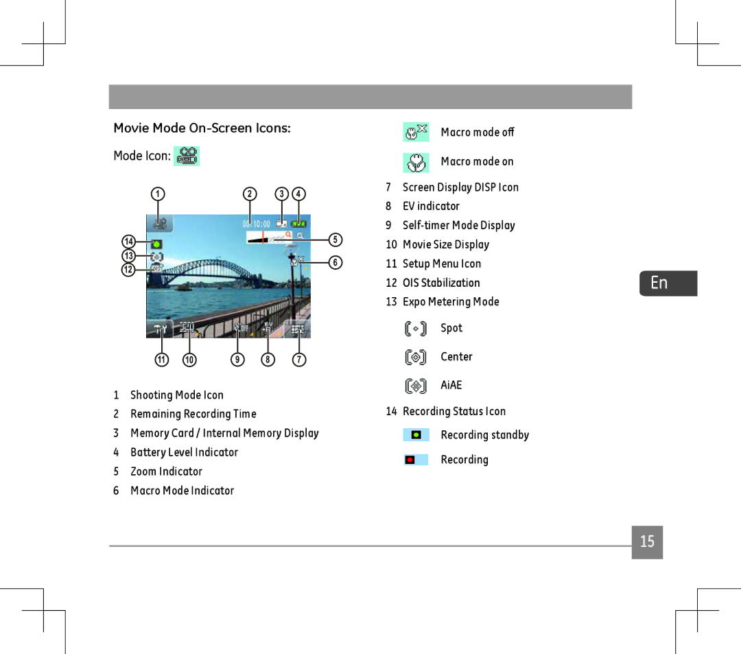 GE E1486TW user manual Movie Mode On-Screen Icons, Shooting Mode Icon Remaining Recording Time 