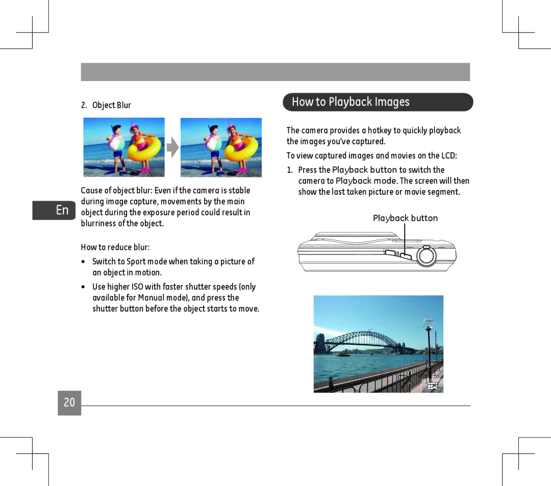 GE E1486TW user manual How to Playback Images, Object Blur, Playback button 