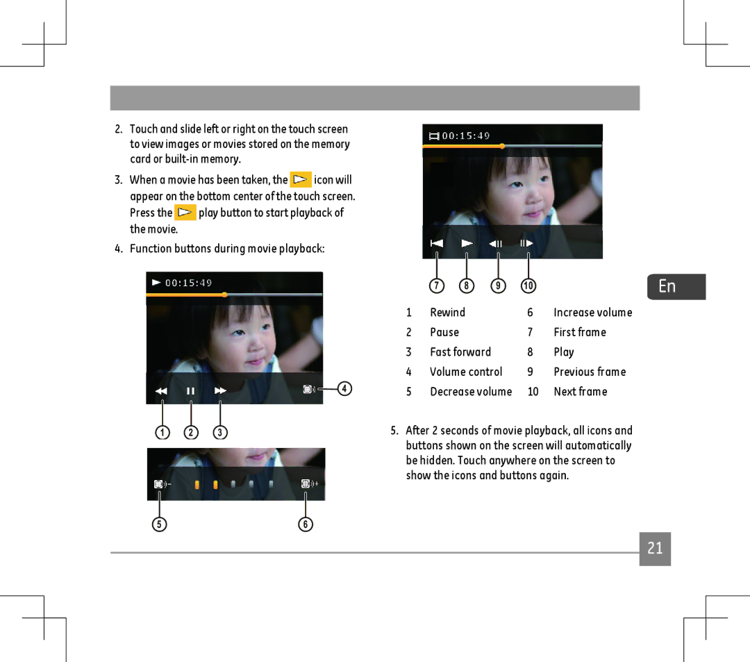 GE E1486TW user manual First frame, Play, Previous frame, Decrease volume 10 Next frame 