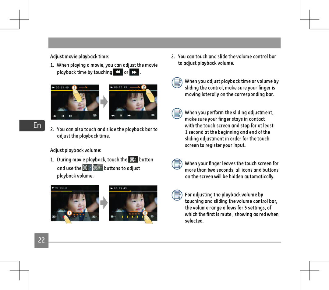 GE E1486TW user manual Adjust movie playback time, Playback time by touching or, Adjust the playback time 