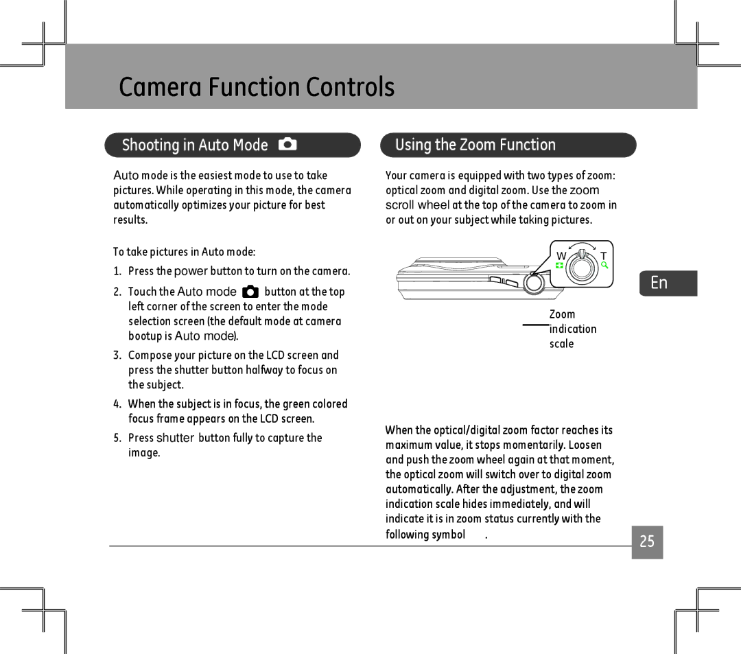 GE E1486TW user manual Camera Function Controls, Shooting in Auto Mode, Using the Zoom Function 