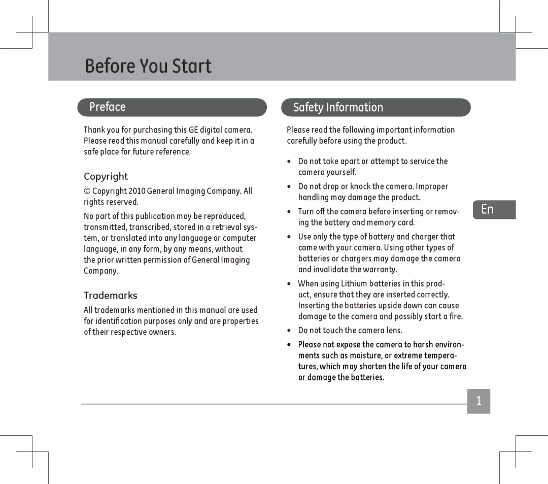 GE E1486TW user manual Before You Start, Preface, Safety Information, Copyright, Trademarks 