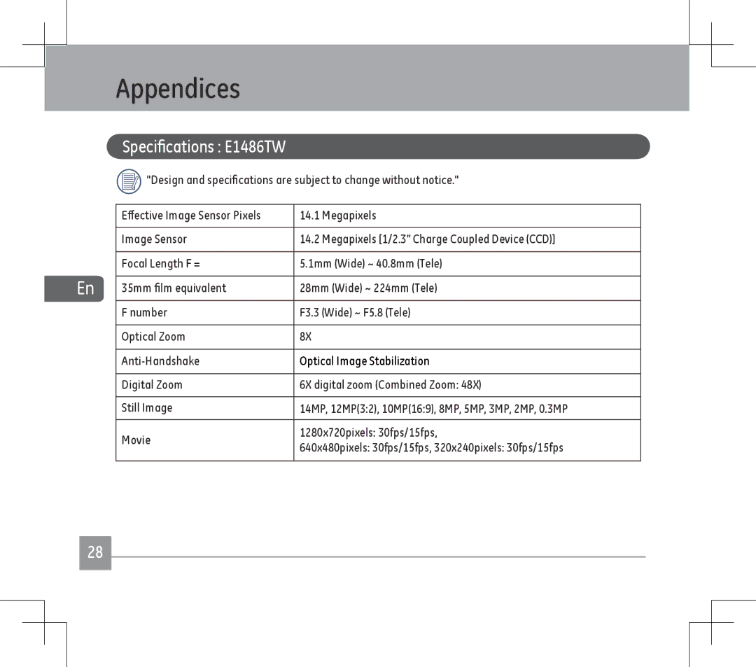 GE user manual Appendices, Specifications E1486TW 