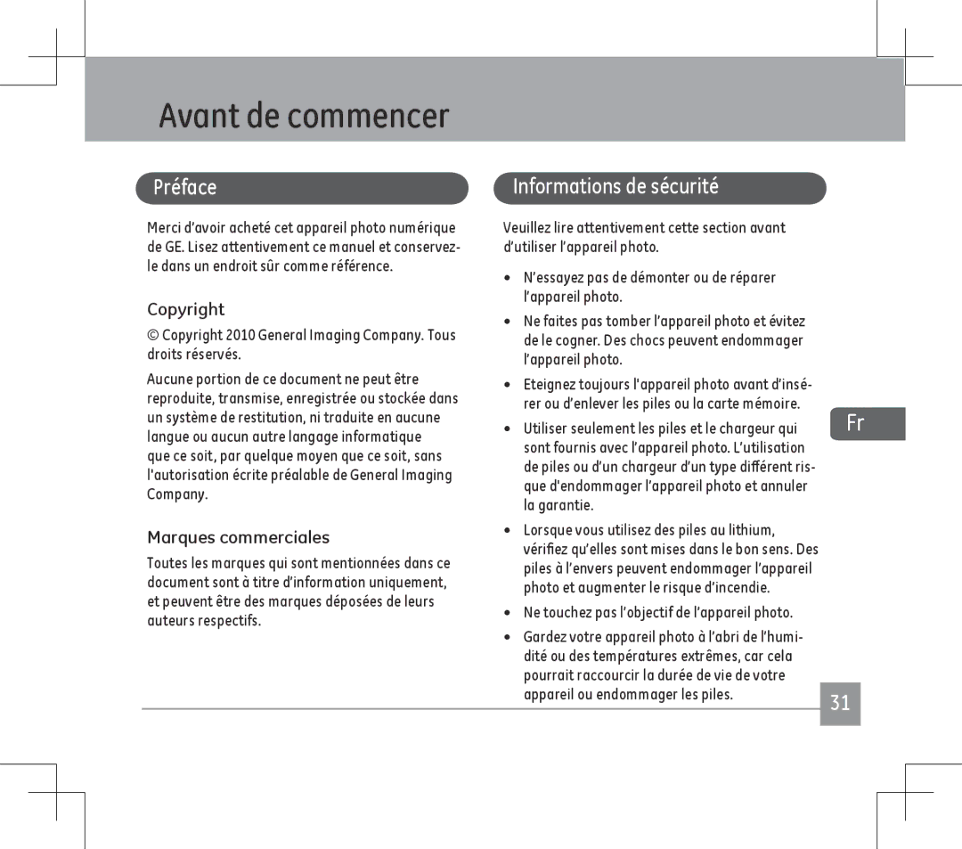 GE E1486TW user manual Avant de commencer, Préface, Informations de sécurité, Marques commerciales 