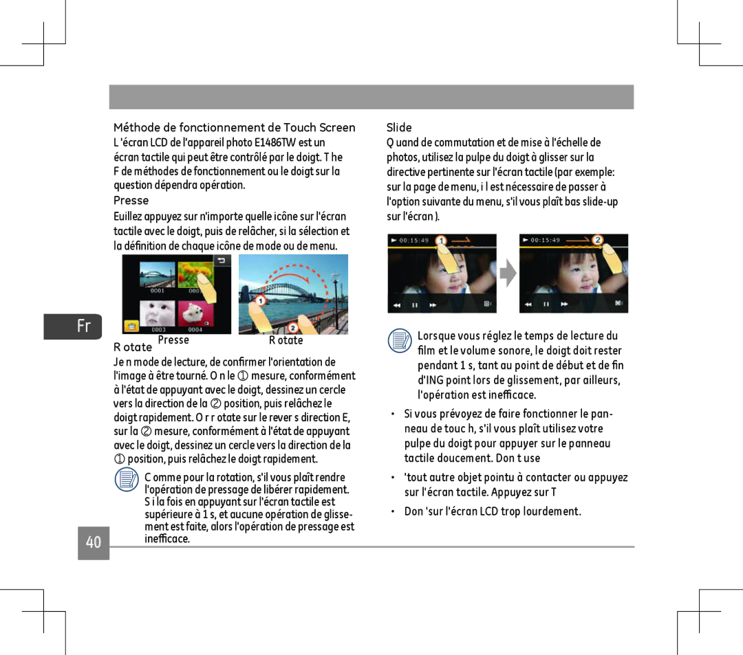 GE E1486TW user manual Méthode de fonctionnement de Touch Screen, Presse, Otate, Slide 