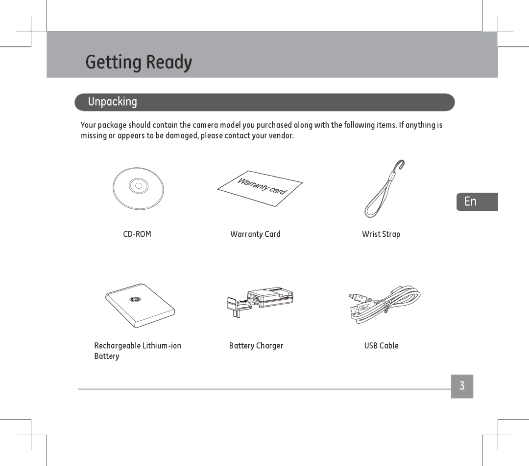 GE E1486TW user manual Getting Ready, Unpacking, Warranty Card, Rechargeable Lithium-ion Battery Charger 