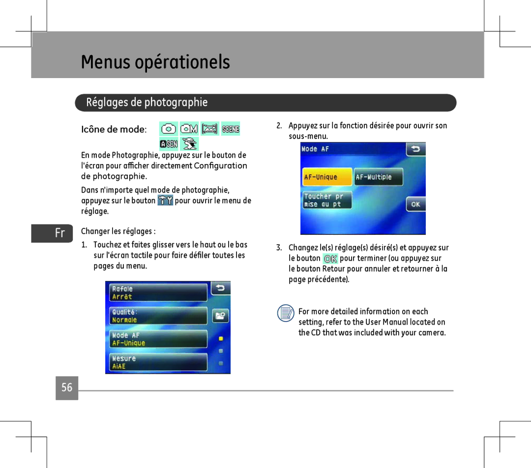 GE E1486TW user manual Menus opérationels, Réglages de photographie, Icône de mode 