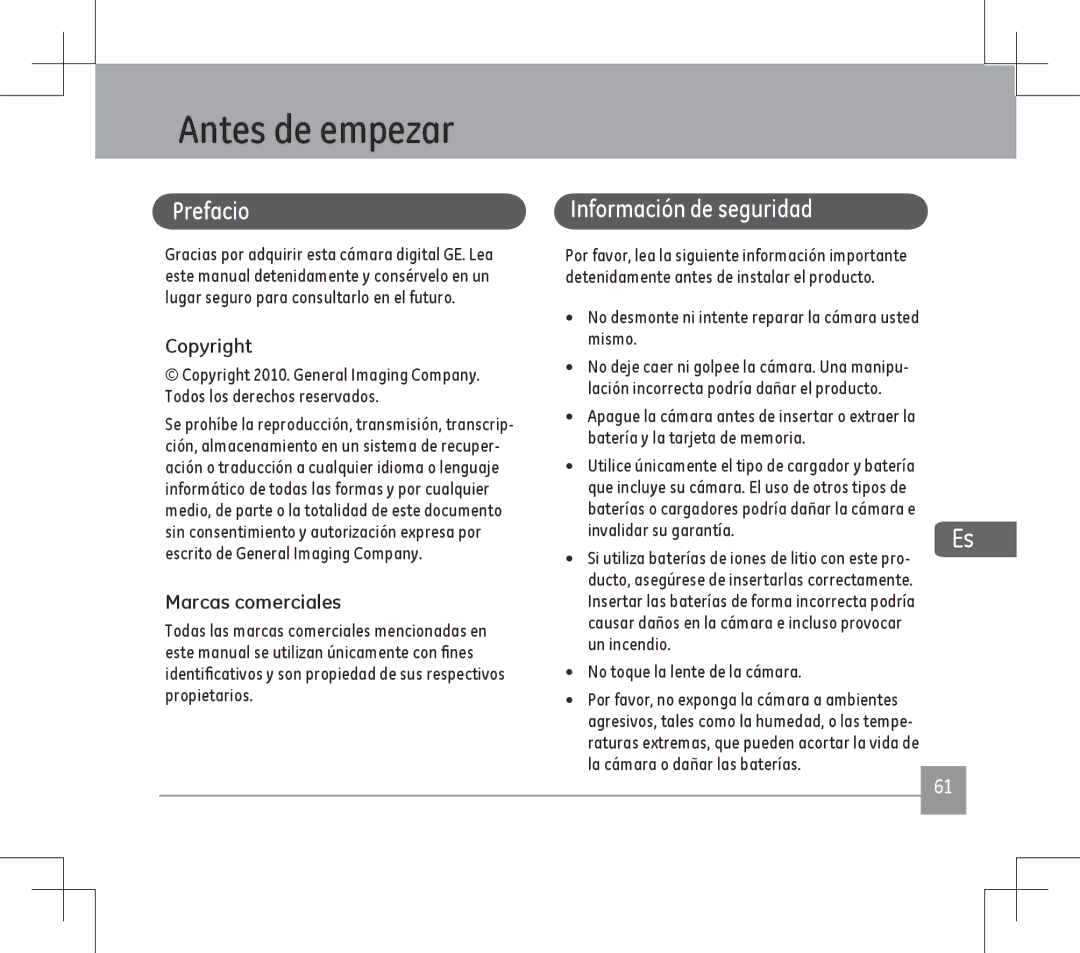 GE E1486TW user manual Antes de empezar, Prefacio, Información de seguridad, Marcas comerciales 