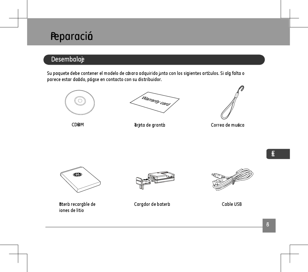 GE E1486TW Preparación, Desembalaje, Tarjeta de garantía, Batería recargable de Cargador de batería, Iones de litio 