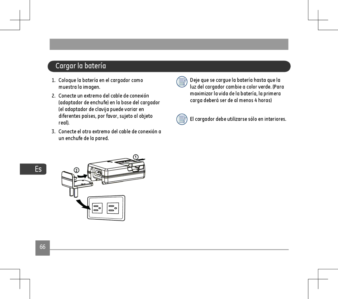 GE E1486TW user manual Cargar la batería, El cargador debe utilizarse sólo en interiores 