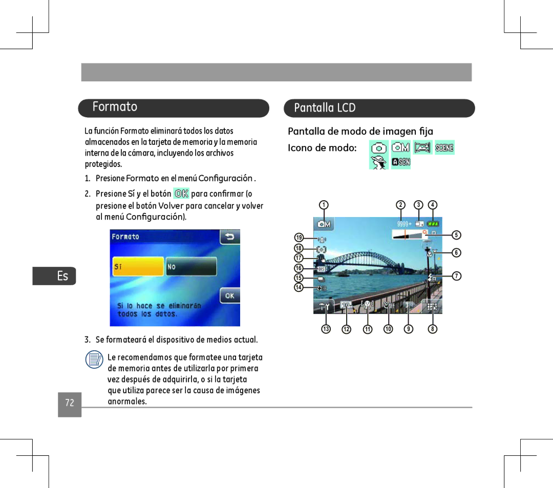 GE E1486TW Pantalla LCD, Pantalla de modo de imagen fija Icono de modo, Se formateará el dispositivo de medios actual 