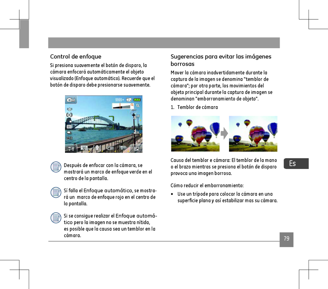 GE E1486TW user manual Control de enfoque, Sugerencias para evitar las imágenes borrosas, Temblor de cámara 