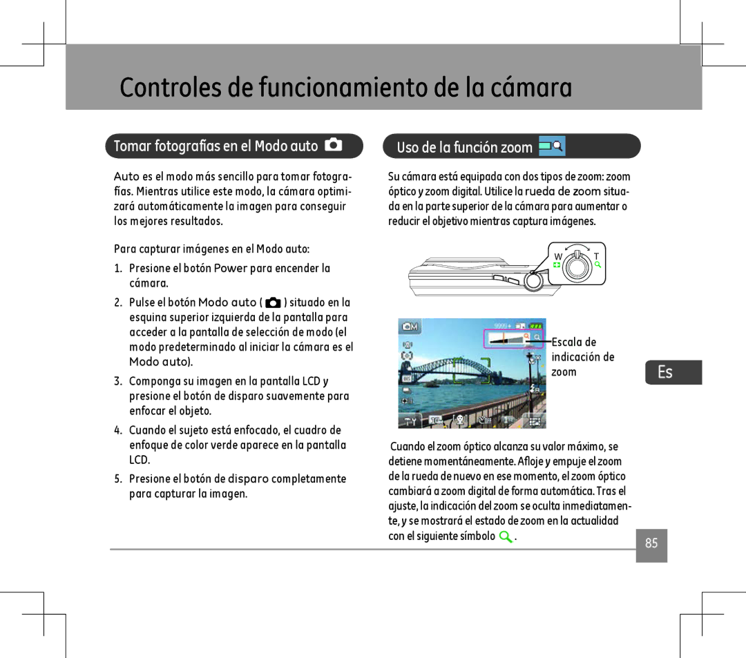 GE E1486TW user manual Controles de funcionamiento de la cámara, Escala de Indicación de Zoom 