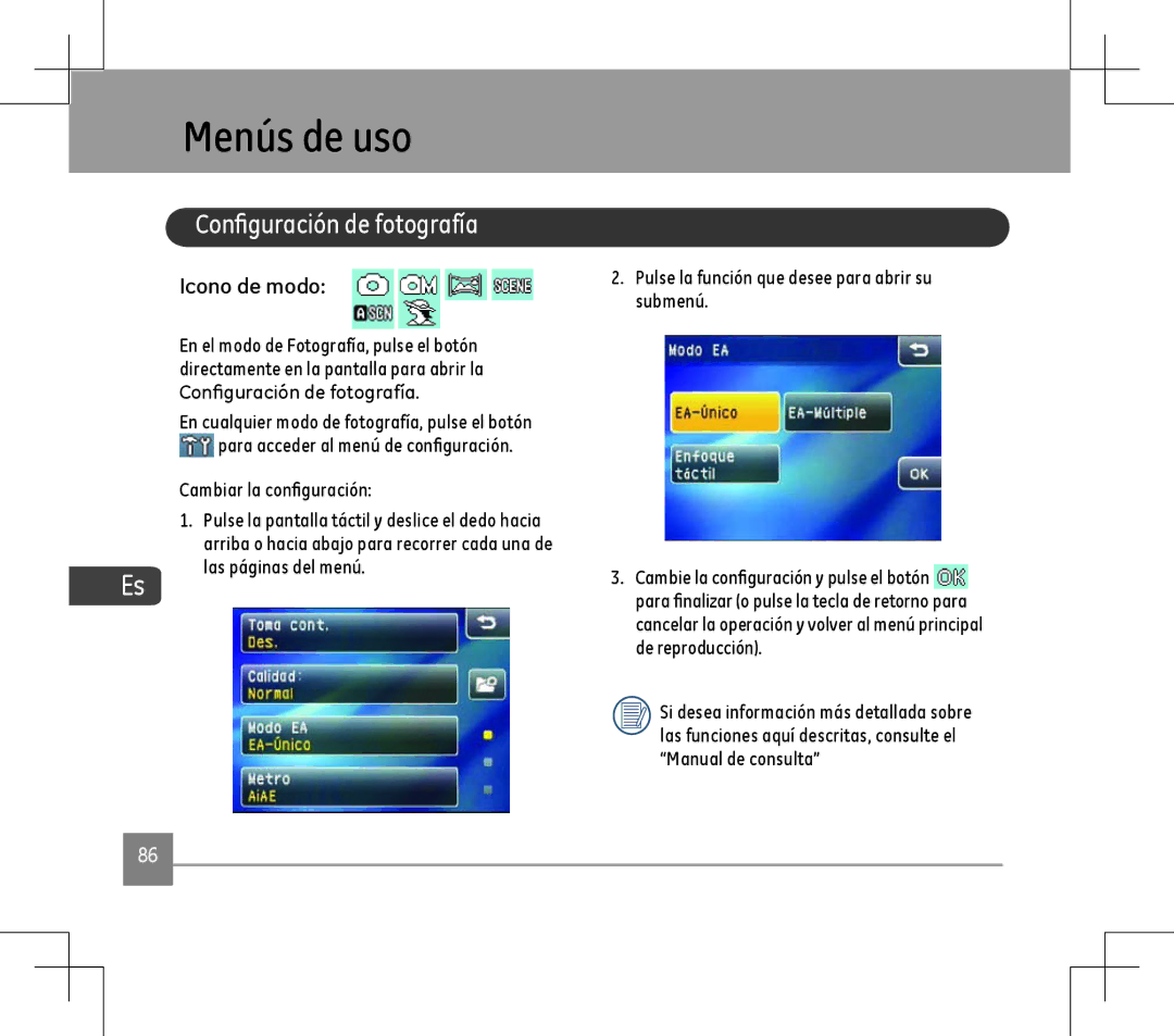 GE E1486TW user manual Menús de uso, Configuración de fotografía, Icono de modo 