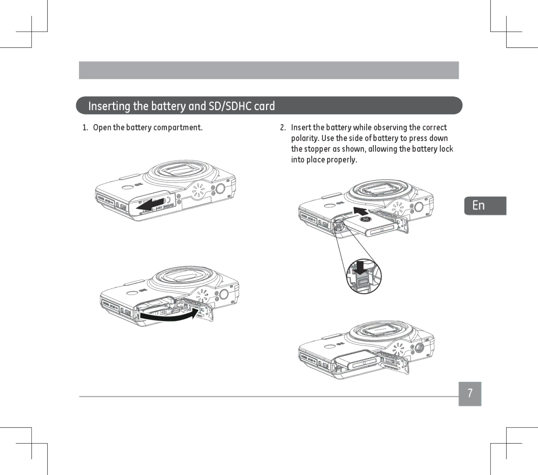 GE E1486TW user manual Inserting the battery and SD/SDHC card, Open the battery compartment 