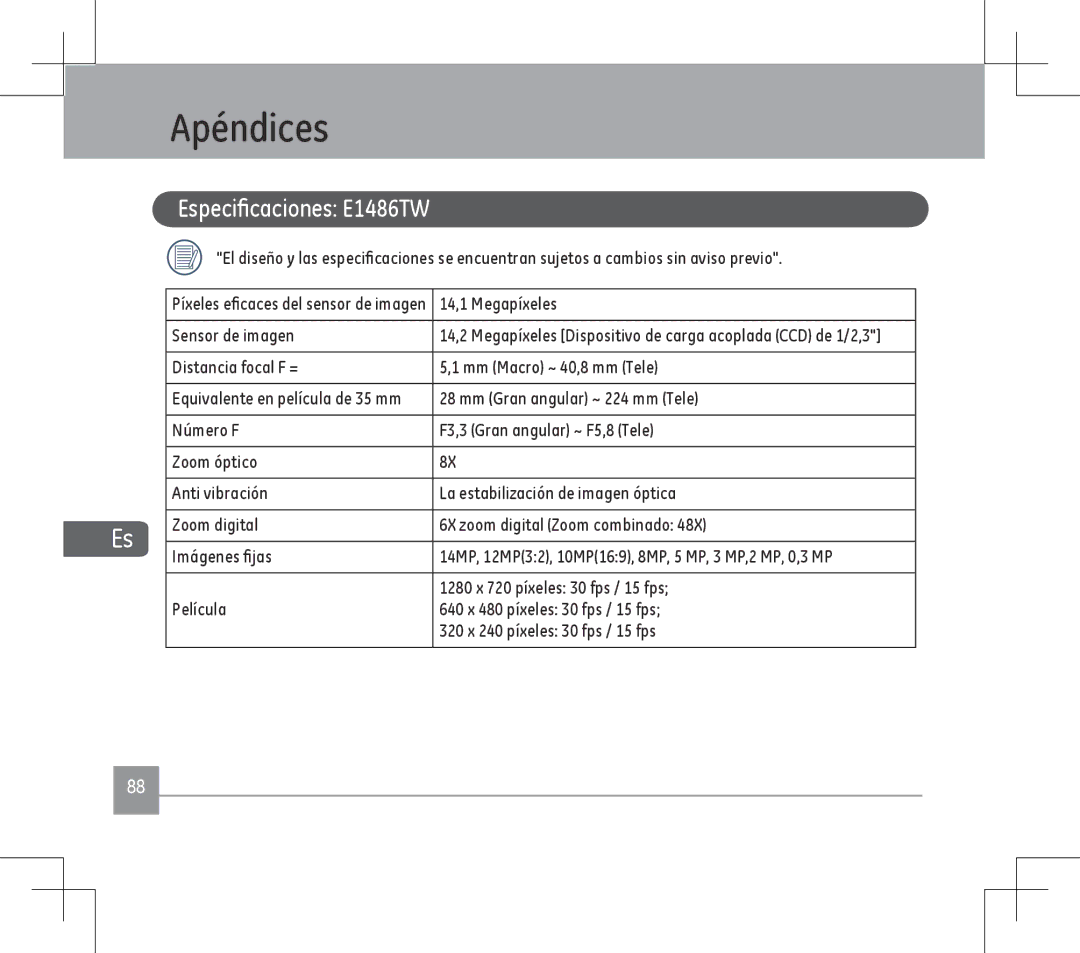 GE user manual Apéndices, Especificaciones E1486TW 