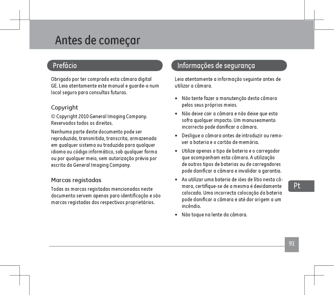 GE E1486TW Antes de começar, Prefácio, Informações de segurança, Marcas registadas, Incêndio Não toque na lente da câmara 