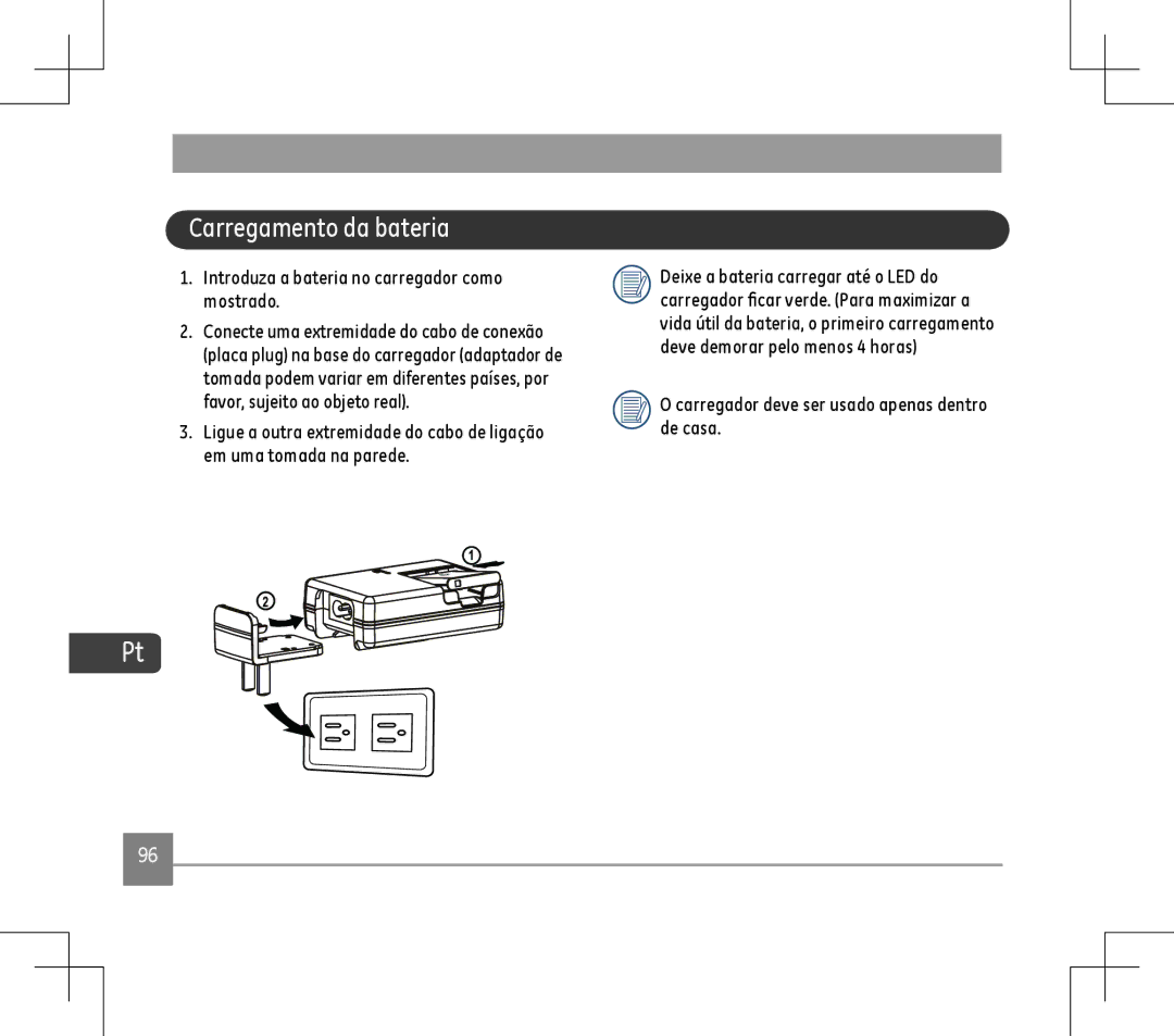 GE E1486TW user manual Carregamento da bateria, Introduza a bateria no carregador como mostrado 