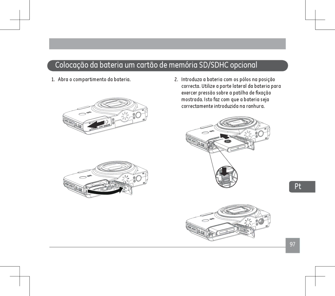 GE E1486TW user manual Colocação da bateria um cartão de memória SD/SDHC opcional, Abra o compartimento da bateria 