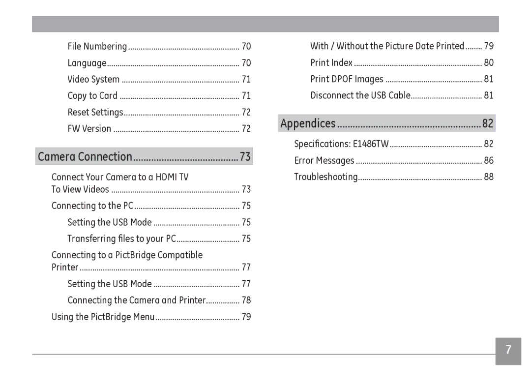 GE E1486TW/G user manual File Numbering Language, Copy to Card Reset Settings, Camera Connection 