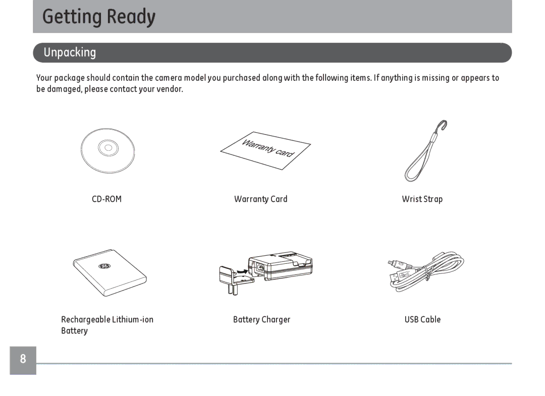 GE E1486TW/G user manual Getting Ready, Unpacking, Warranty Card, Rechargeable Lithium-ion Battery Charger 