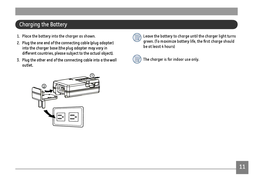 GE E1486TW/G user manual Charging the Battery, Place the battery into the charger as shown 