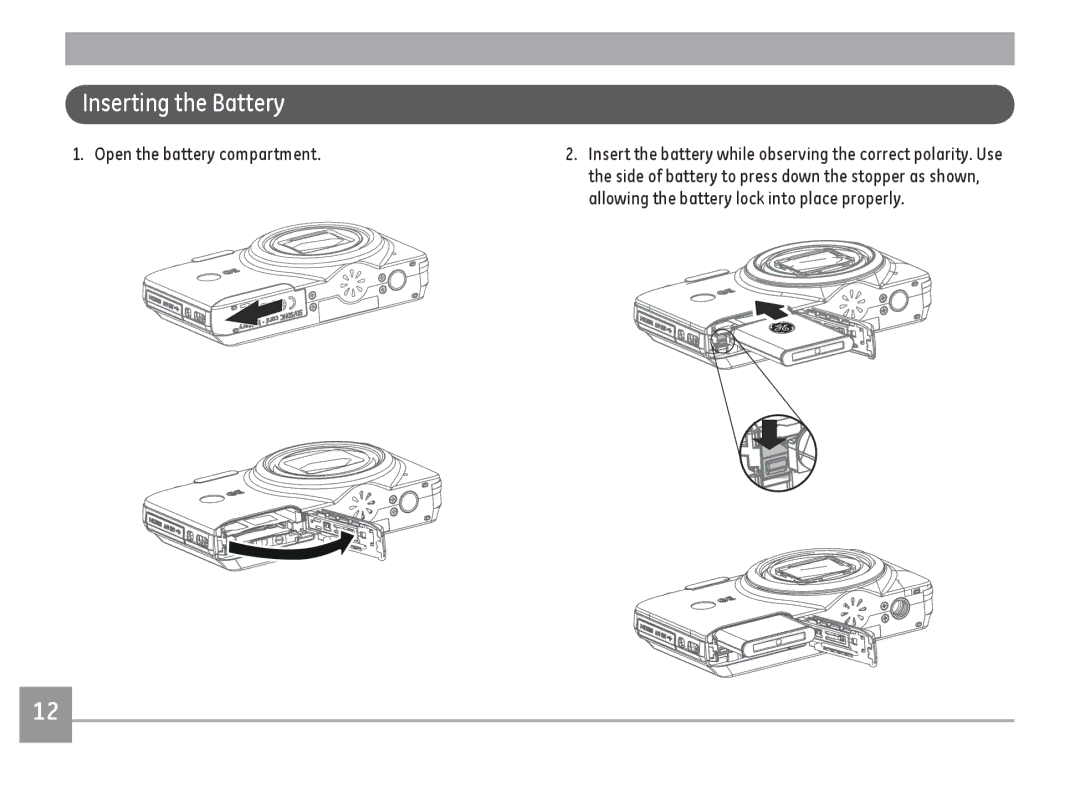 GE E1486TW/G user manual Inserting the Battery, Open the battery compartment, Allowing the battery lock into place properly 