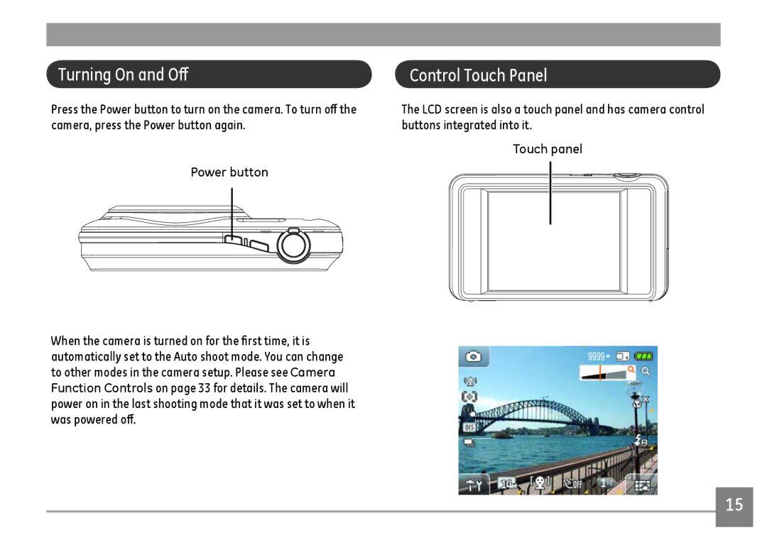 GE E1486TW/G user manual Turning On and Off, Control Touch Panel, Power button, Touch panel 