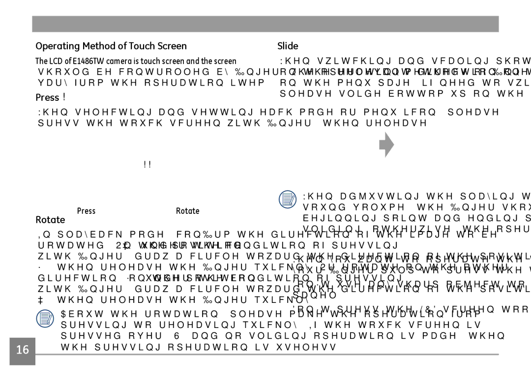 GE E1486TW/G user manual Operating Method of Touch Screen, Press, Slide, Rotate 