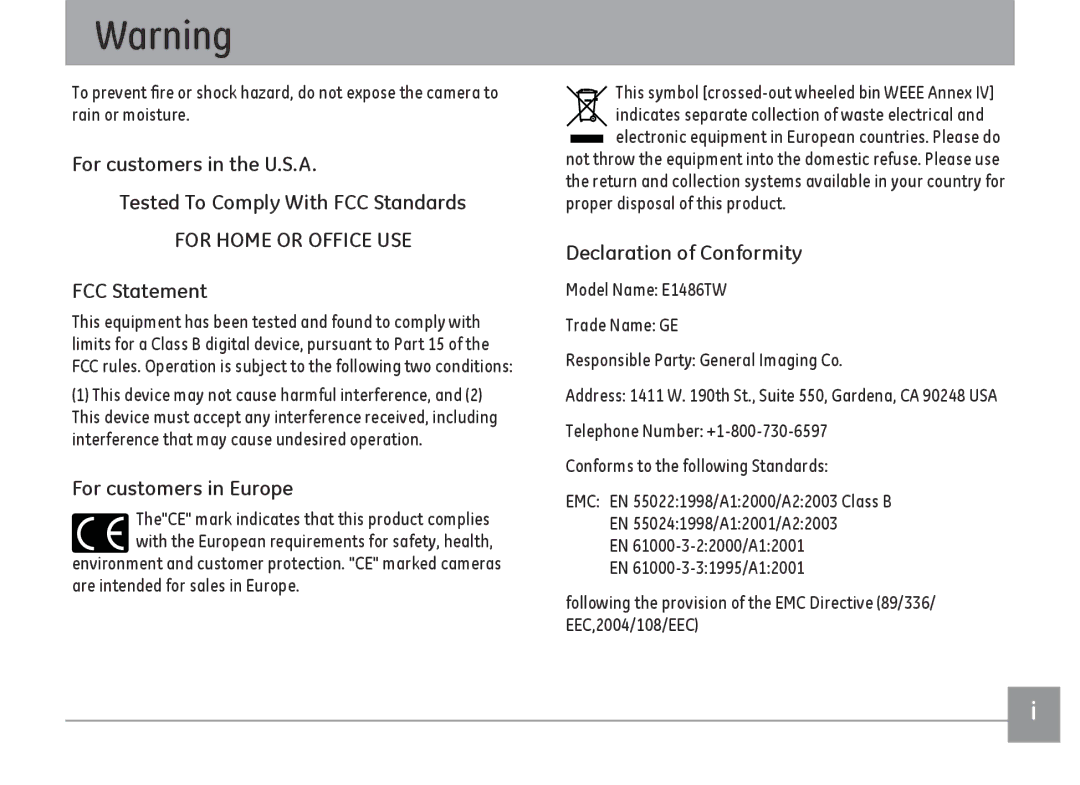 GE E1486TW/G user manual FCC Statement, For customers in Europe, Declaration of Conformity 