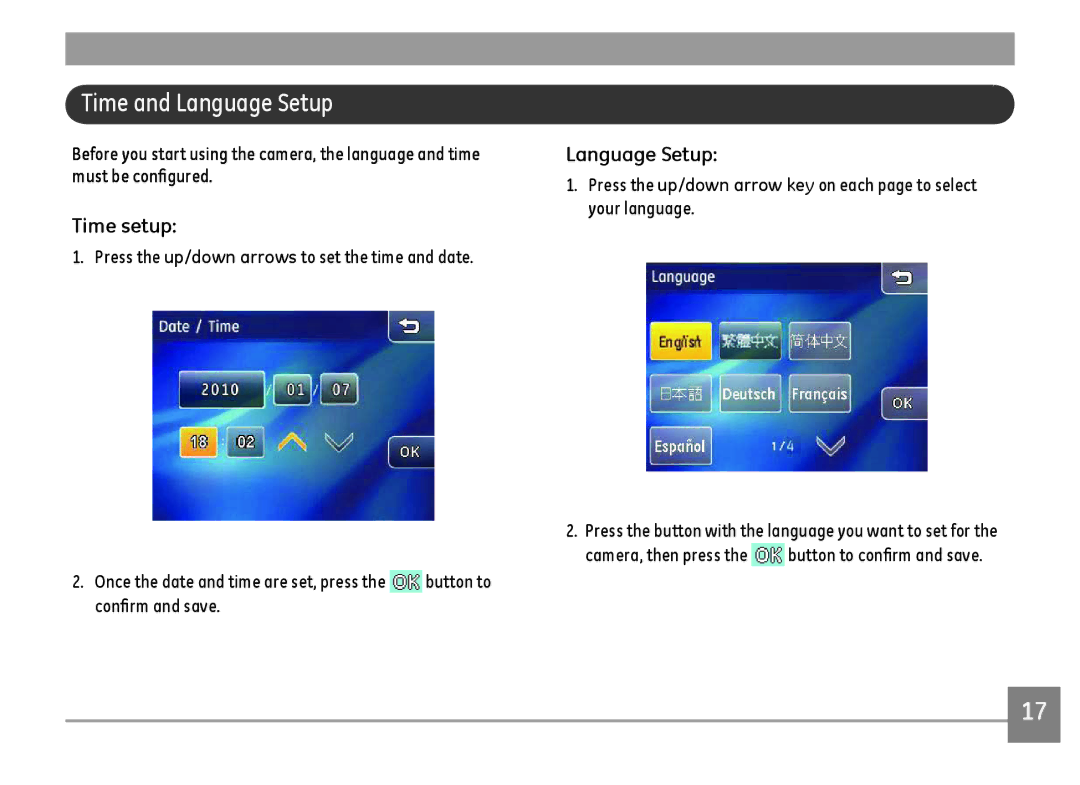 GE E1486TW/G user manual Time and Language Setup, Time setup 