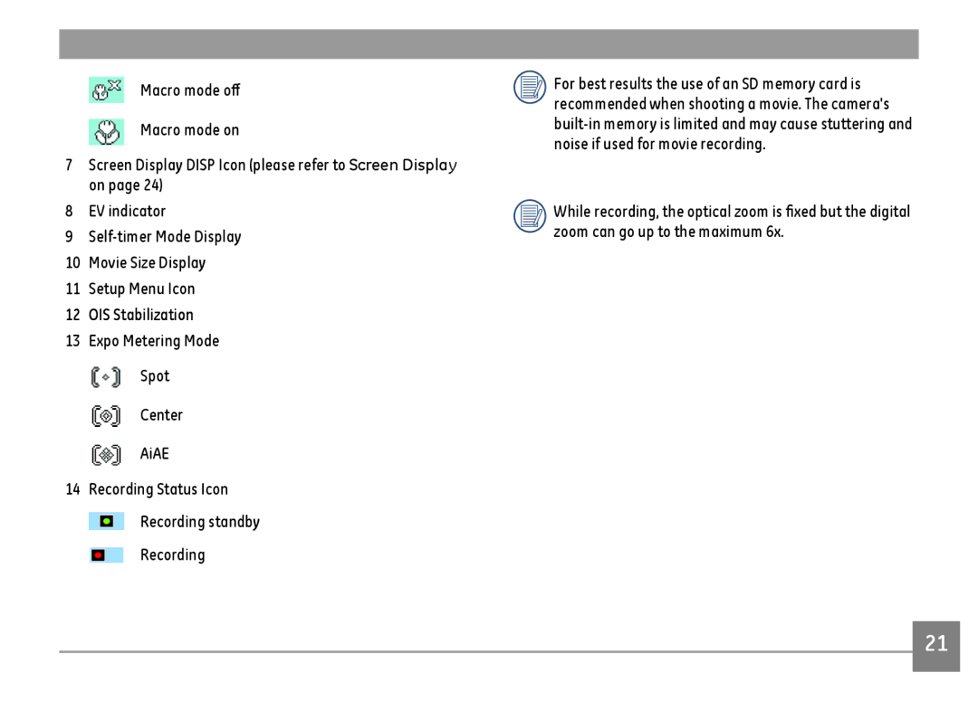 GE E1486TW/G user manual Recording Status Icon Recording standby Recording 