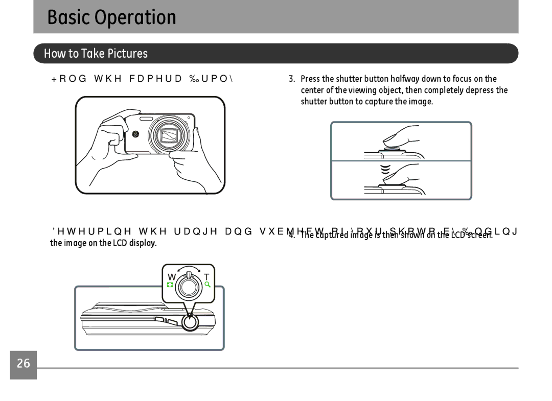 GE E1486TW/G user manual Basic Operation, How to Take Pictures, Captured image is then shown on the LCD screen 