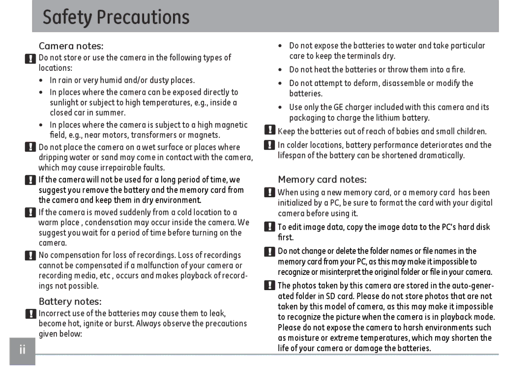 GE E1486TW/G user manual Safety Precautions, Camera notes, Battery notes, Memory card notes 