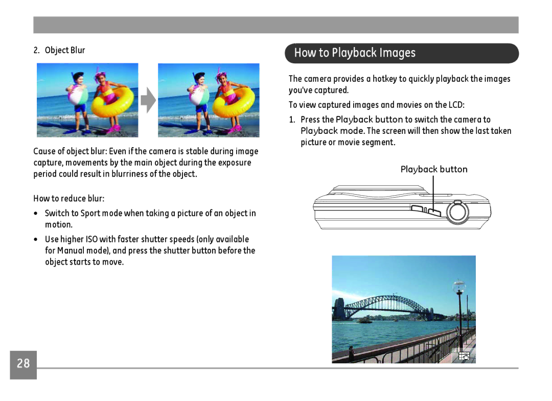 GE E1486TW/G user manual How to Playback Images, Object Blur, Playback button 