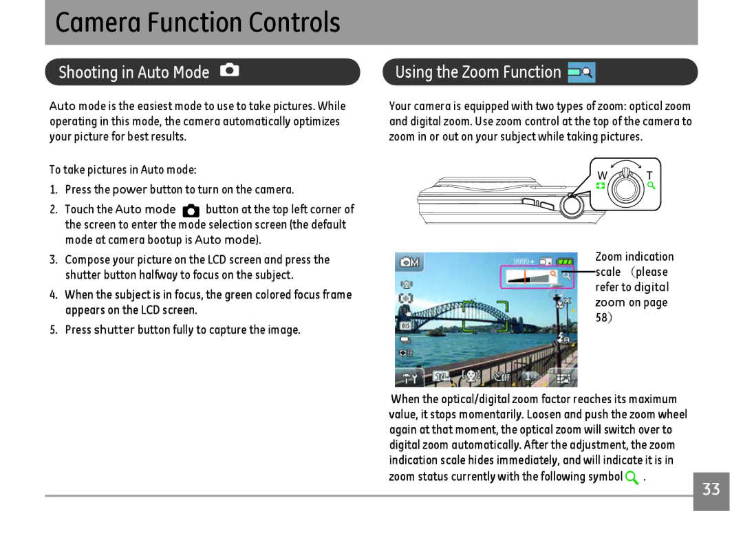 GE E1486TW/G user manual Camera Function Controls, Shooting in Auto Mode, Using the Zoom Function 