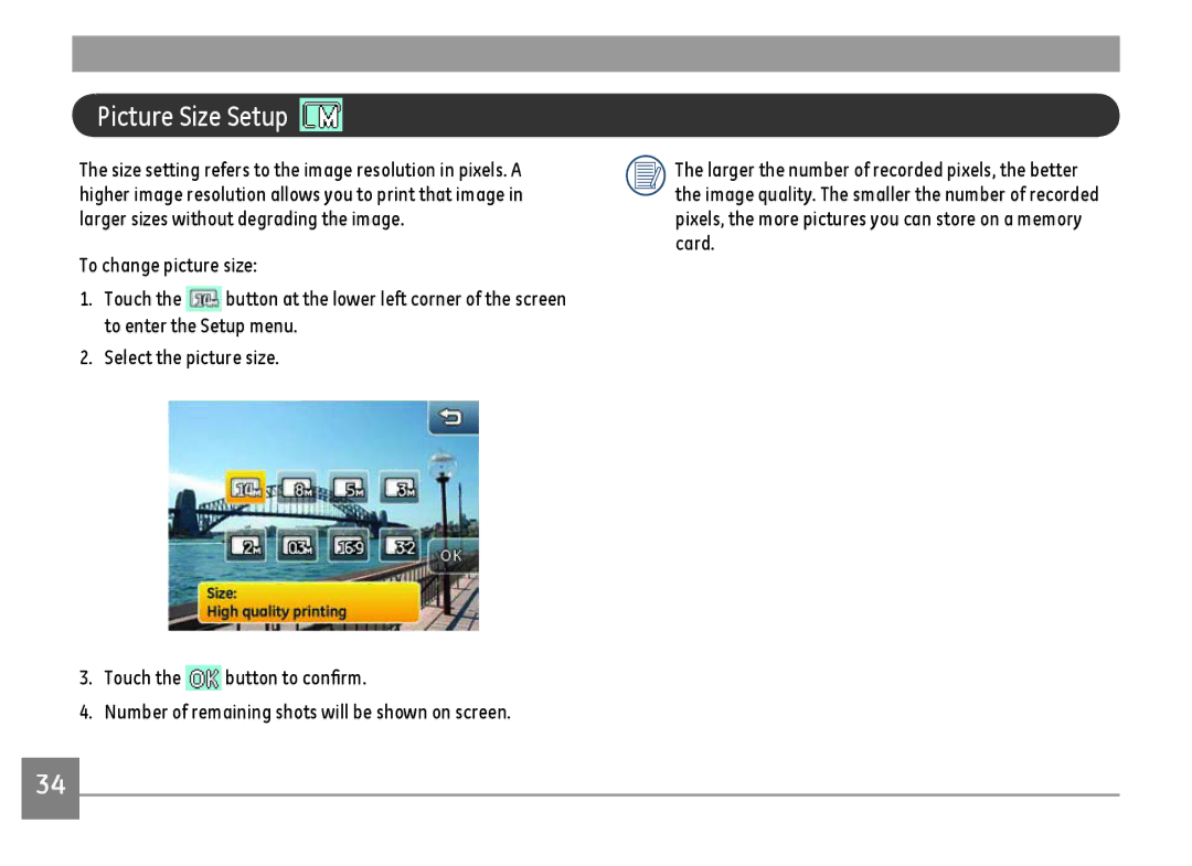 GE E1486TW/G user manual Picture Size Setup 