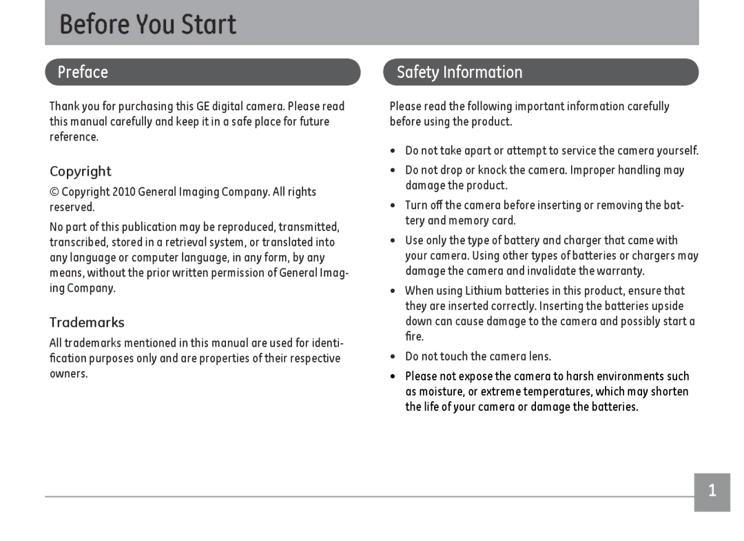 GE E1486TW/G user manual Before You Start, Preface, Safety Information, Copyright, Trademarks 