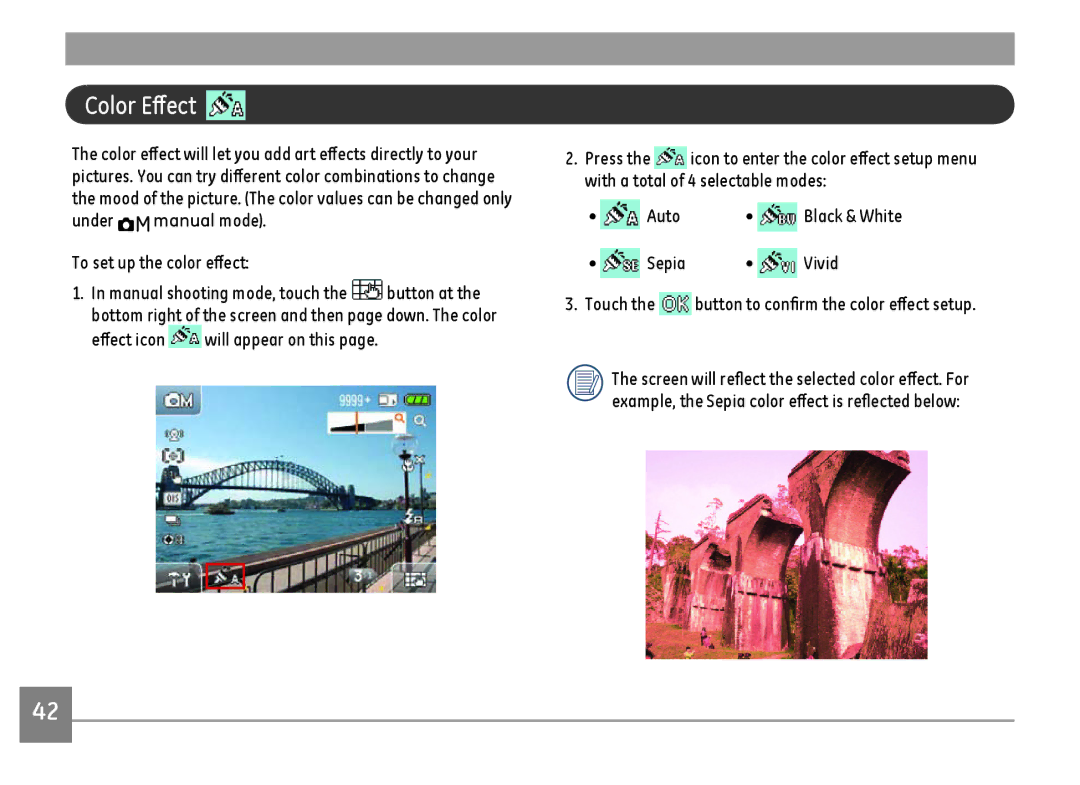 GE E1486TW/G user manual Color Effect, Under manual mode To set up the color effect 